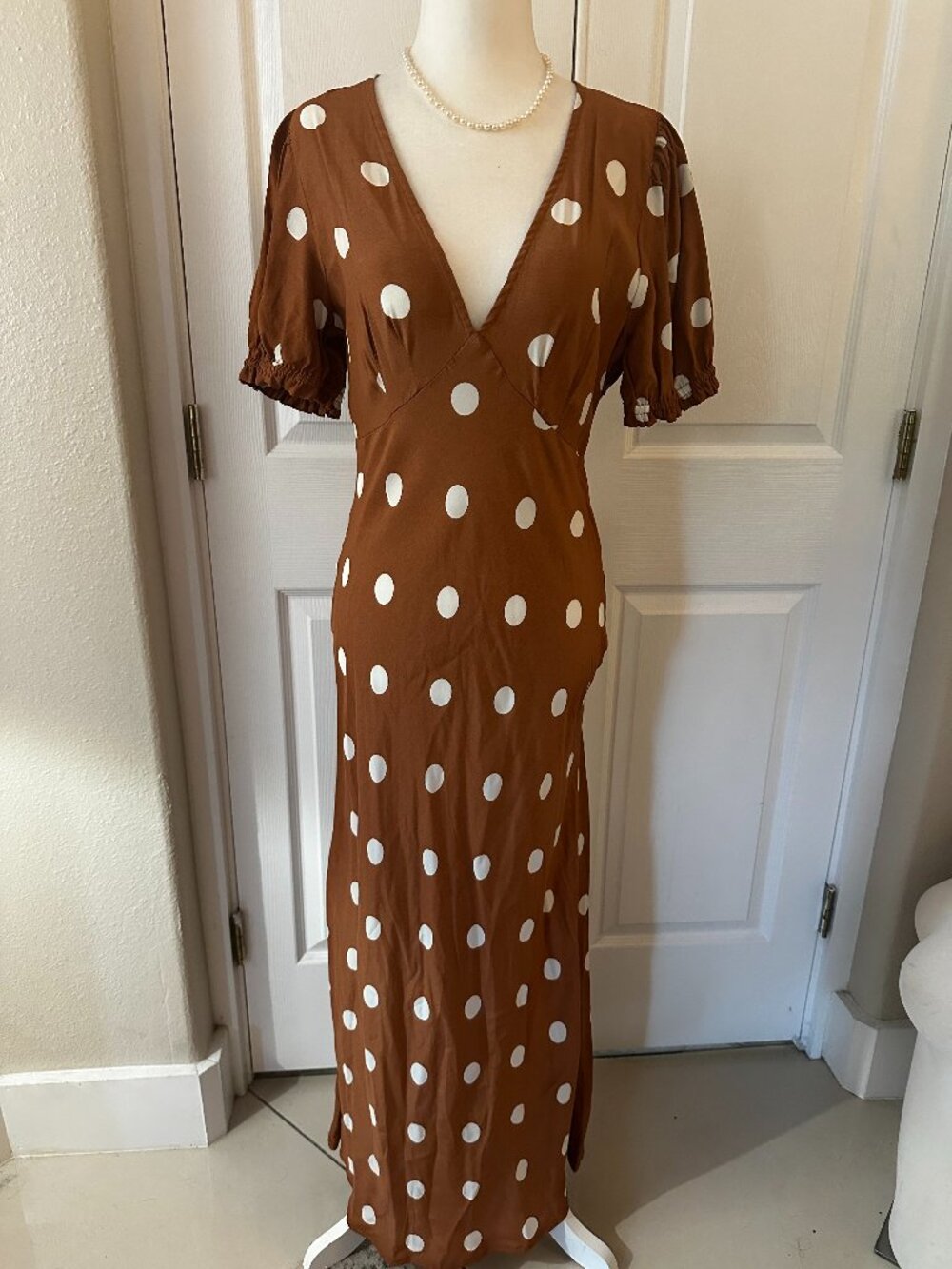 A New Day Brown & White Polka Dot Midi Dress V-Neck Puff Sleeve Size Small